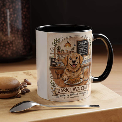 funny golden retriever coffee mug with colorful cafe design