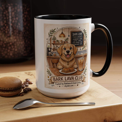 Funny golden retriever coffee mug with vibrant cozy cafe design