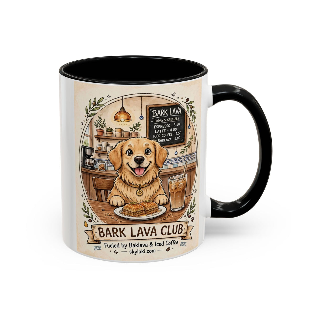 Funny golden retriever coffee mug with vibrant cafe design