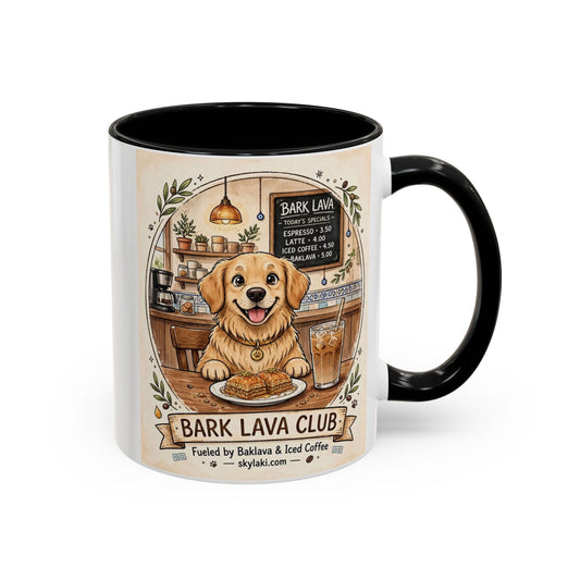 Funny golden retriever coffee mug with vibrant cafe design