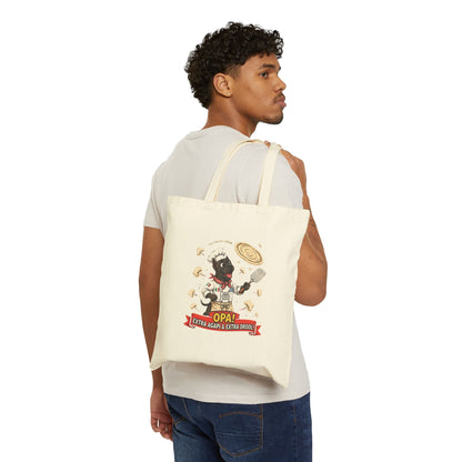 Funny Greek Dog Pizza Chef Tote Bag in natural cotton canvas with illustrated chef dog, pizza, and OPA! banner