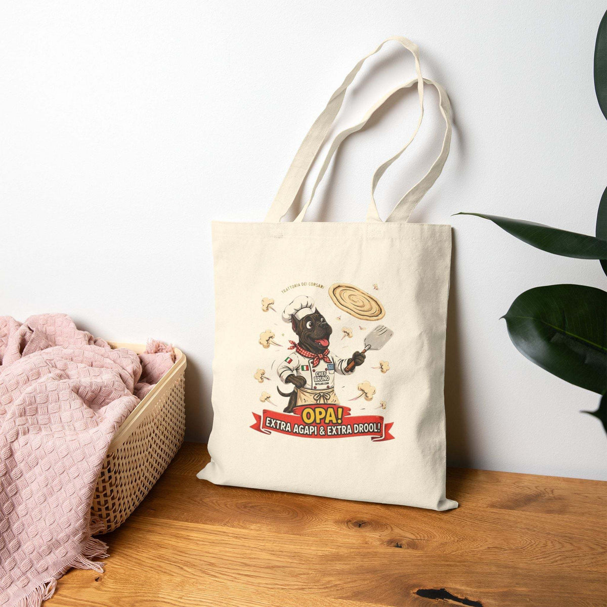 Funny Greek Dog Pizza Chef Tote Bag in natural cotton canvas, featuring a chef dog and pizza-themed illustrated print