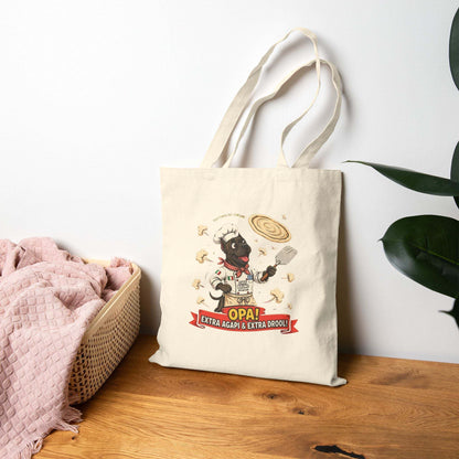 Funny Greek Dog Pizza Chef Tote Bag in natural cotton canvas, featuring a chef dog and pizza-themed illustrated print