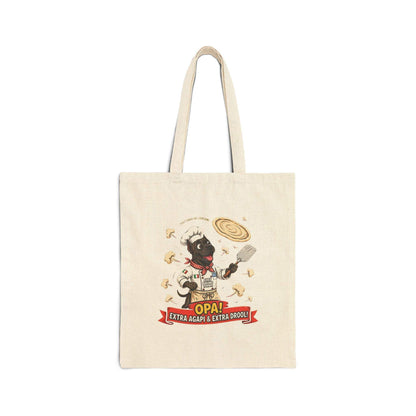 Funny Greek Dog Pizza Chef Tote Bag in natural cotton canvas with dog chef, pizza, and OPA! banner graphic