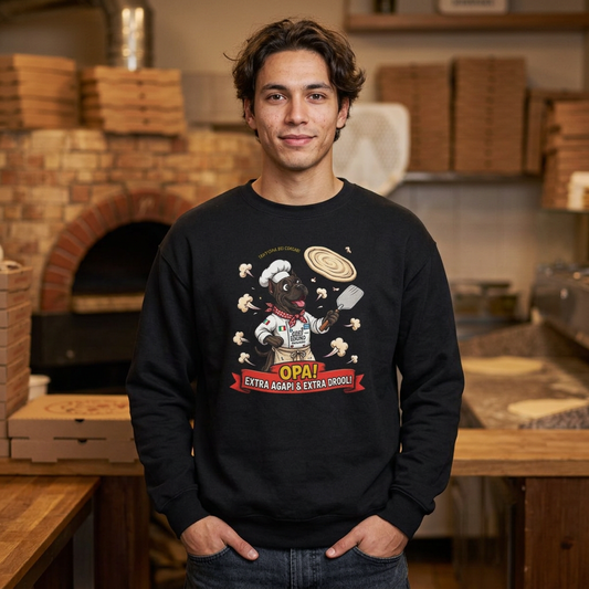 Funny Greek Dog Pizza Sweatshirt in black cotton blend with Chef Bruno dog pizza chef graphic and OPA banner
