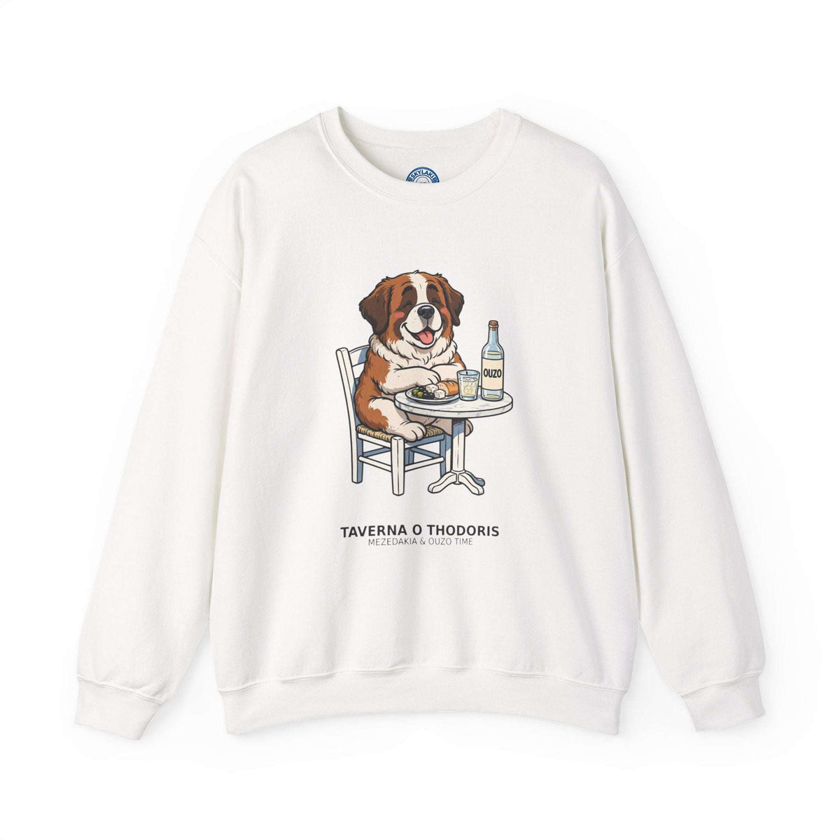 Unisex sweatshirt with funny Greek taverna Saint Bernard dog illustration