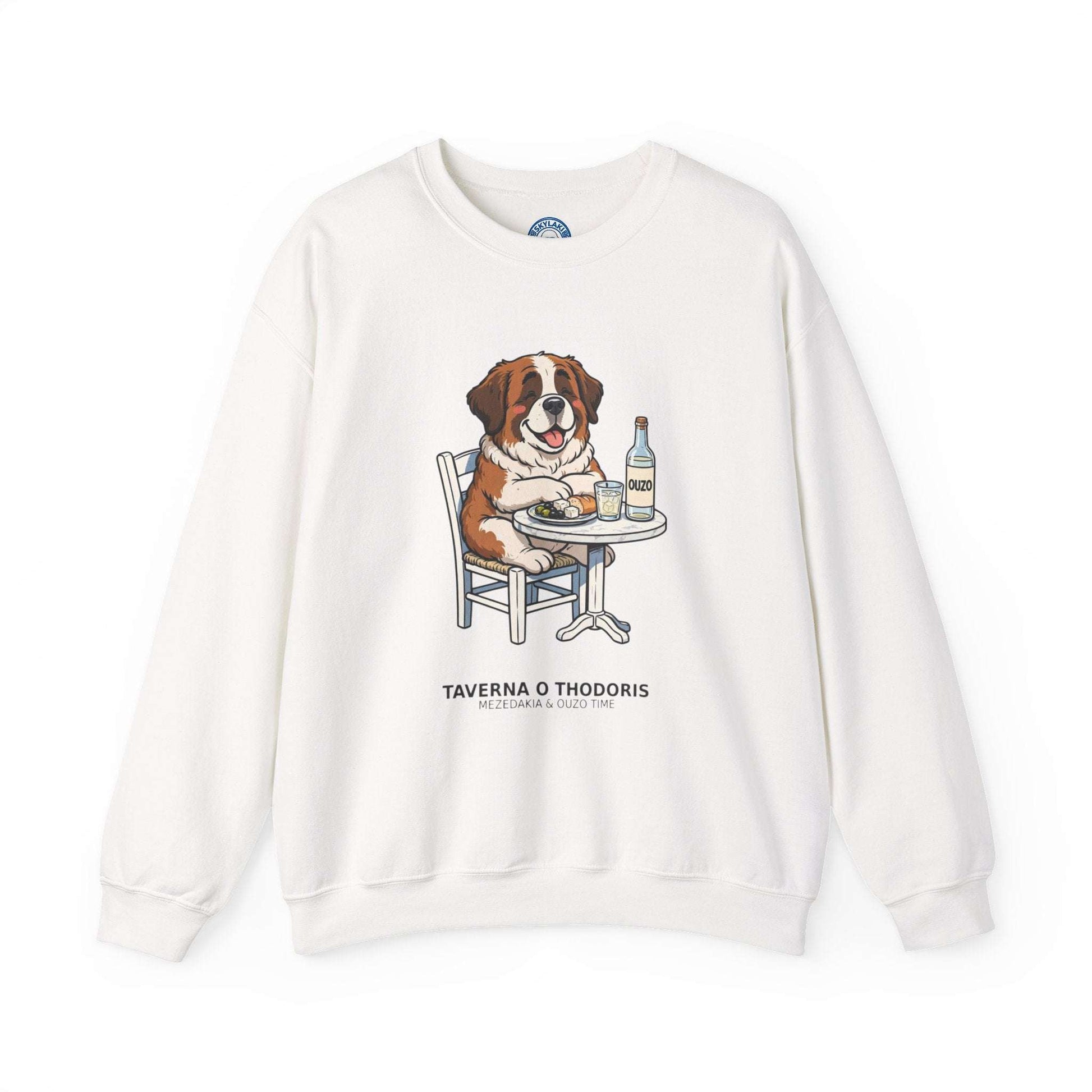 Unisex sweatshirt with funny Greek taverna Saint Bernard dog illustration