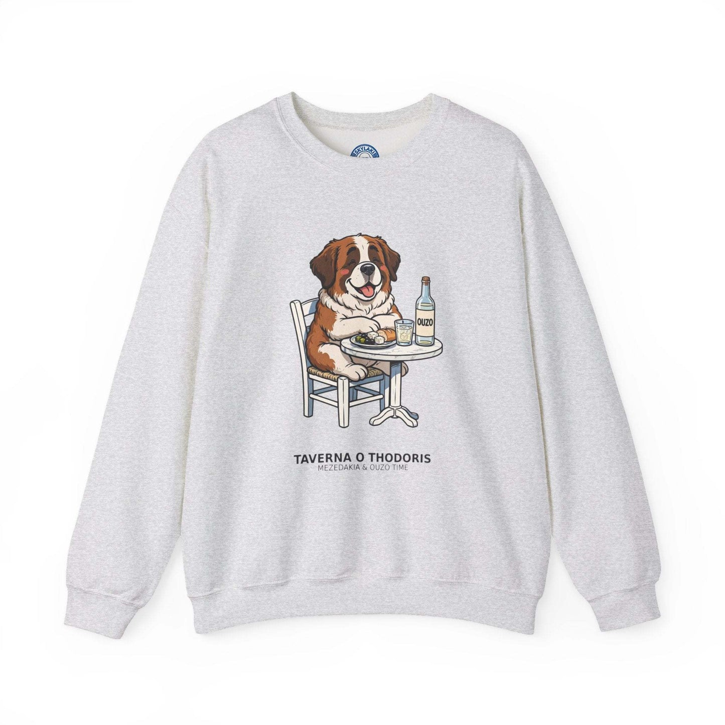 Unisex sweatshirt featuring funny Greek taverna dog illustration