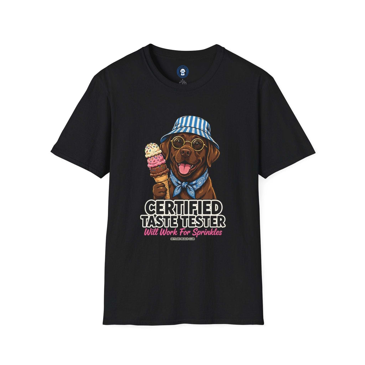 Funny Labrador Ice Cream Shirt in black cotton featuring a smiling dog with glasses and striped hat holding ice cream cone with text design.