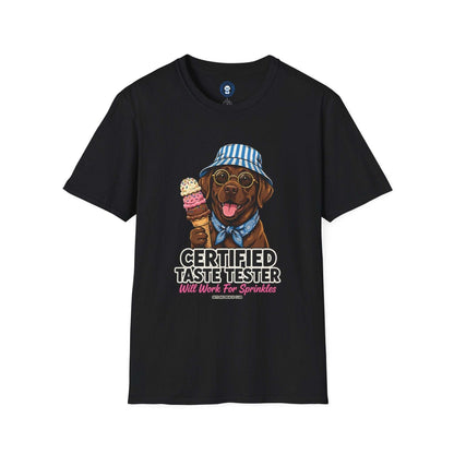 Funny Labrador Ice Cream Shirt in black cotton featuring a smiling dog with glasses and striped hat holding ice cream cone with text design.