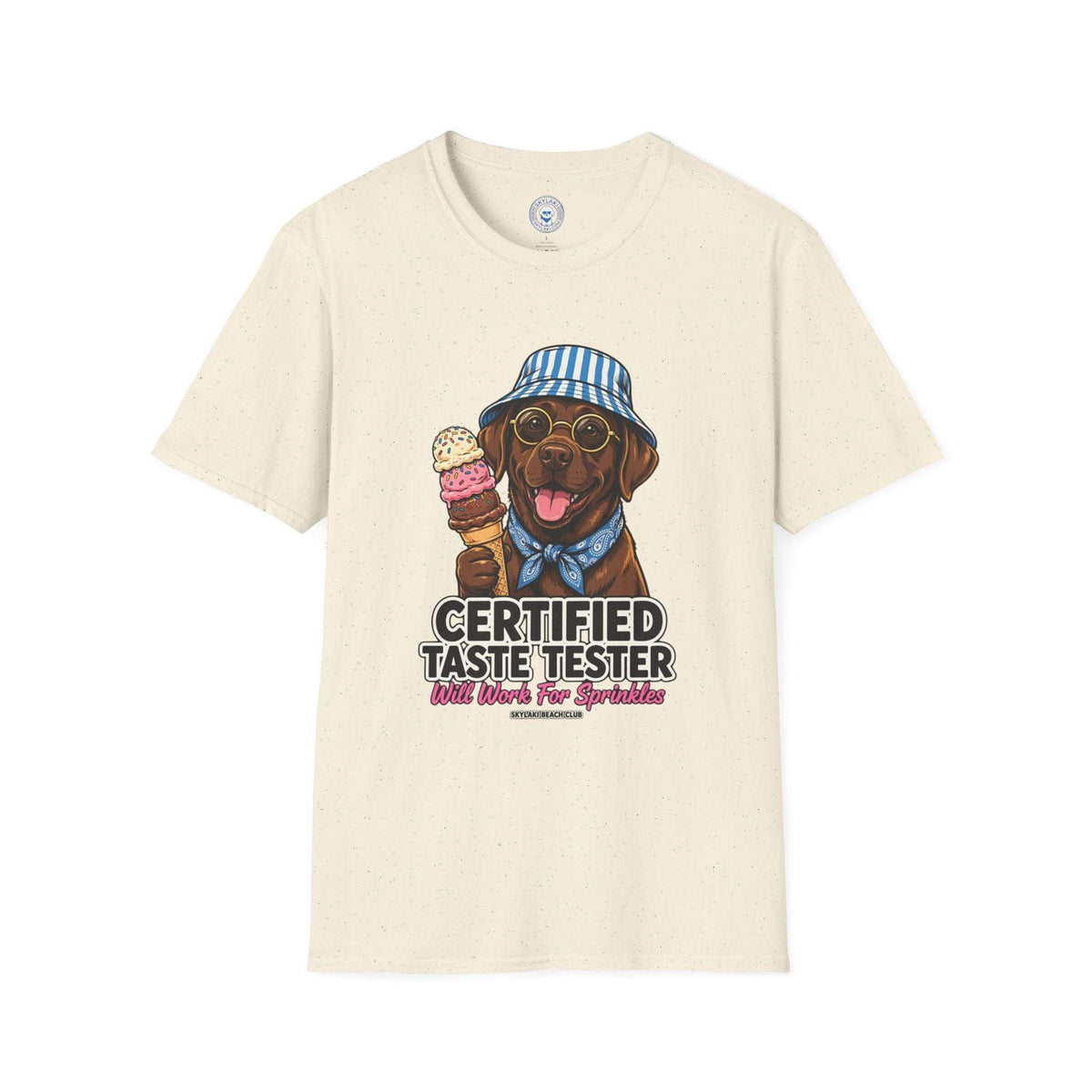 Funny Labrador Ice Cream Shirt featuring a brown dog wearing a blue striped bucket hat and glasses holding a double-scoop ice cream cone with text Certified Taste Tester