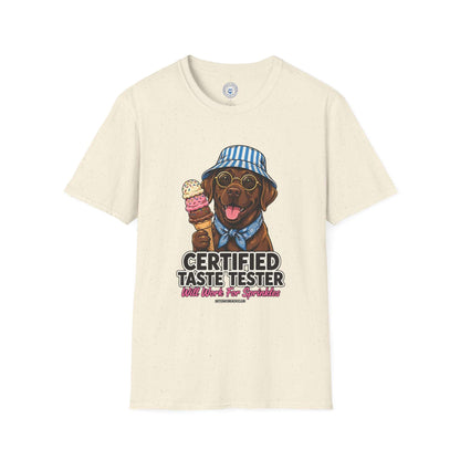 Funny Labrador Ice Cream Shirt featuring a brown dog wearing a blue striped bucket hat and glasses holding a double-scoop ice cream cone with text Certified Taste Tester
