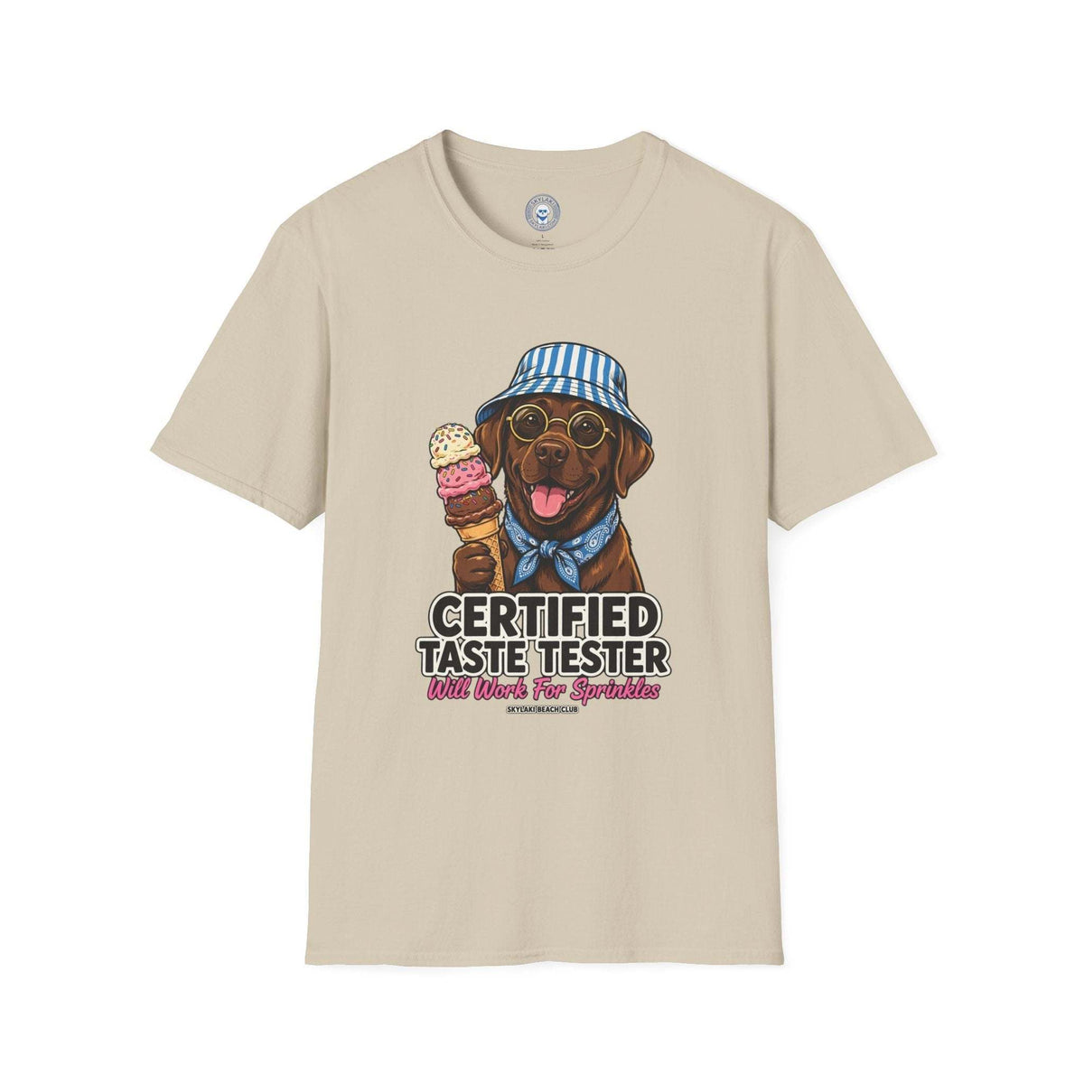 Funny Labrador Ice Cream Shirt in beige cotton featuring a cheerful labrador with sunglasses, blue hat, and ice cream cone print.