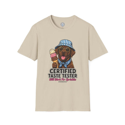 Funny Labrador Ice Cream Shirt in beige cotton featuring a cheerful labrador with sunglasses, blue hat, and ice cream cone print.