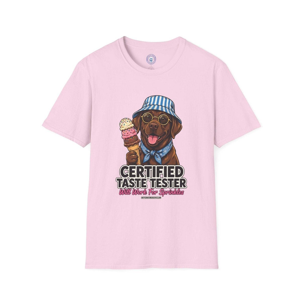 Funny Labrador Ice Cream Shirt in light pink cotton featuring a cheerful Labrador with sunglasses and striped bucket hat holding ice cream