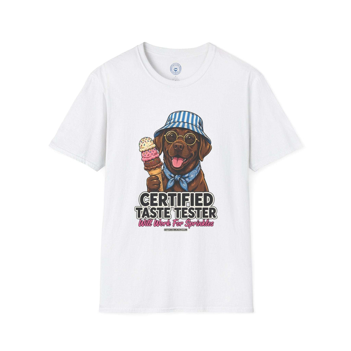 Funny Labrador Ice Cream Shirt in white cotton featuring a smiling brown dog with striped bucket hat holding ice cream cone and caption