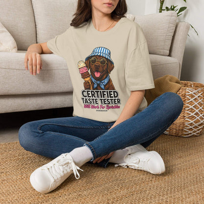 Funny Labrador Ice Cream Shirt in beige cotton featuring a smiling dog with a striped bucket hat and melting ice cream cone graphic.