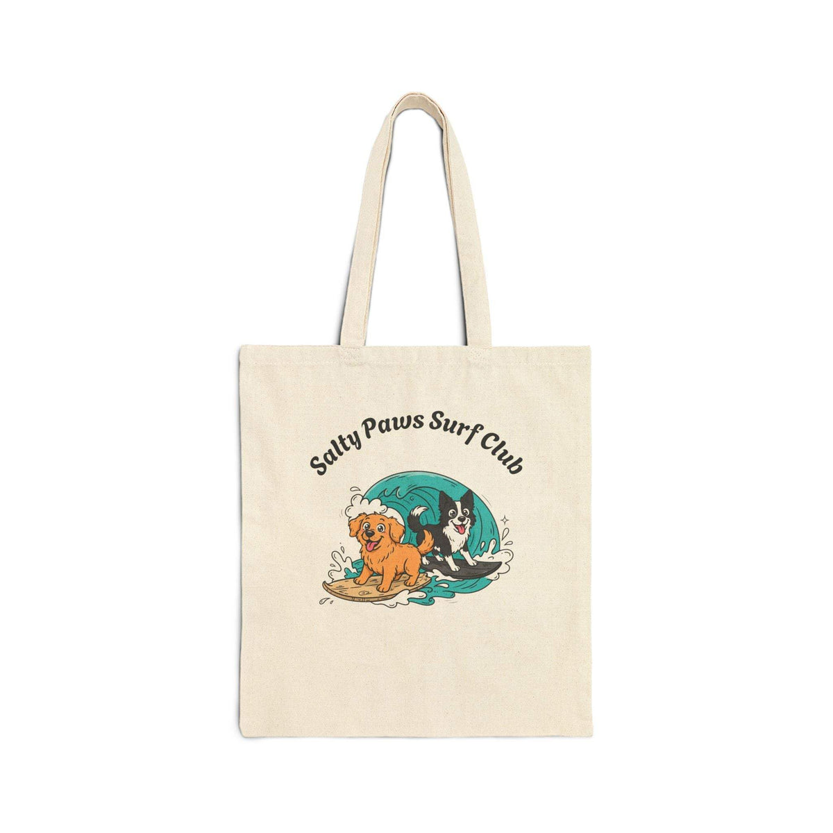 Canvas tote bag with funny surfing dogs illustration