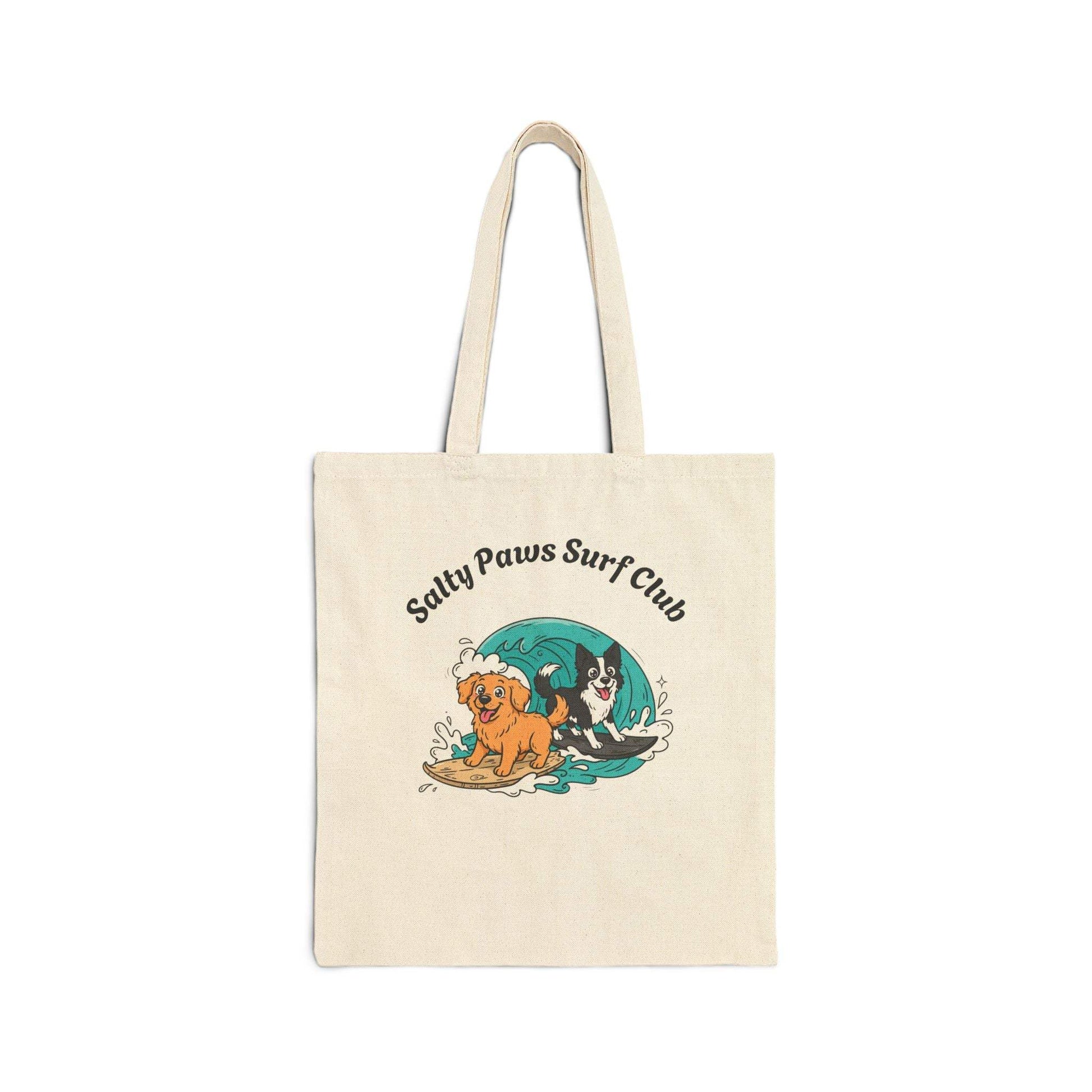 Canvas tote bag with funny surfing dogs illustration