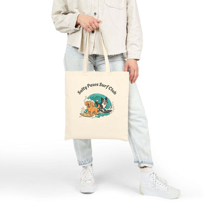 Funny surfing dogs canvas tote bag with Salty Paws Surf Club design