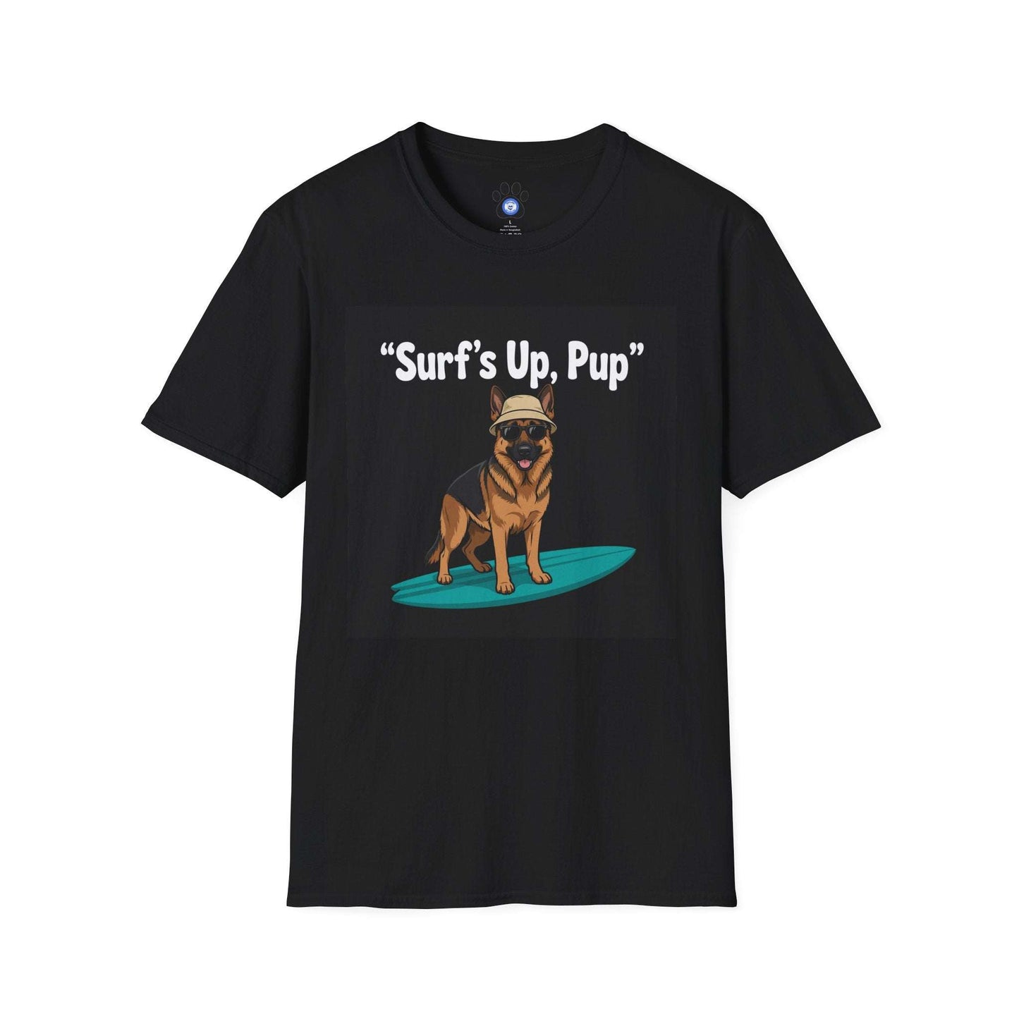unisex german shepherd surfing t-shirt with dog on surfboard design
