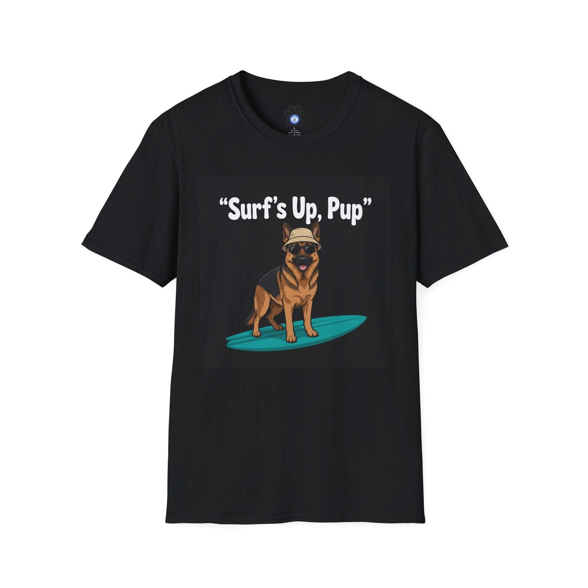 unisex german shepherd surfing t-shirt with dog on surfboard design