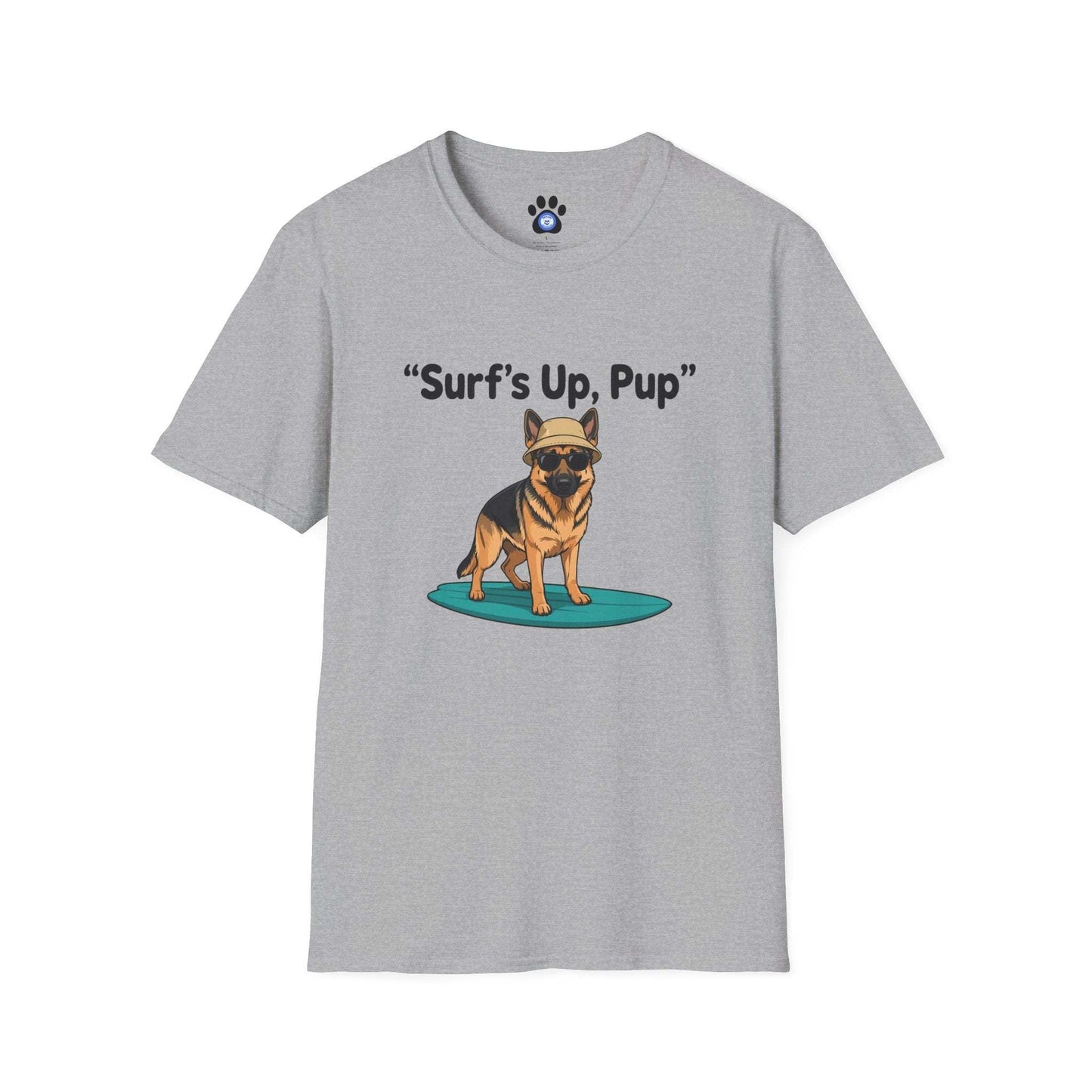 Unisex German Shepherd surfing t-shirt with playful surfboard graphic
