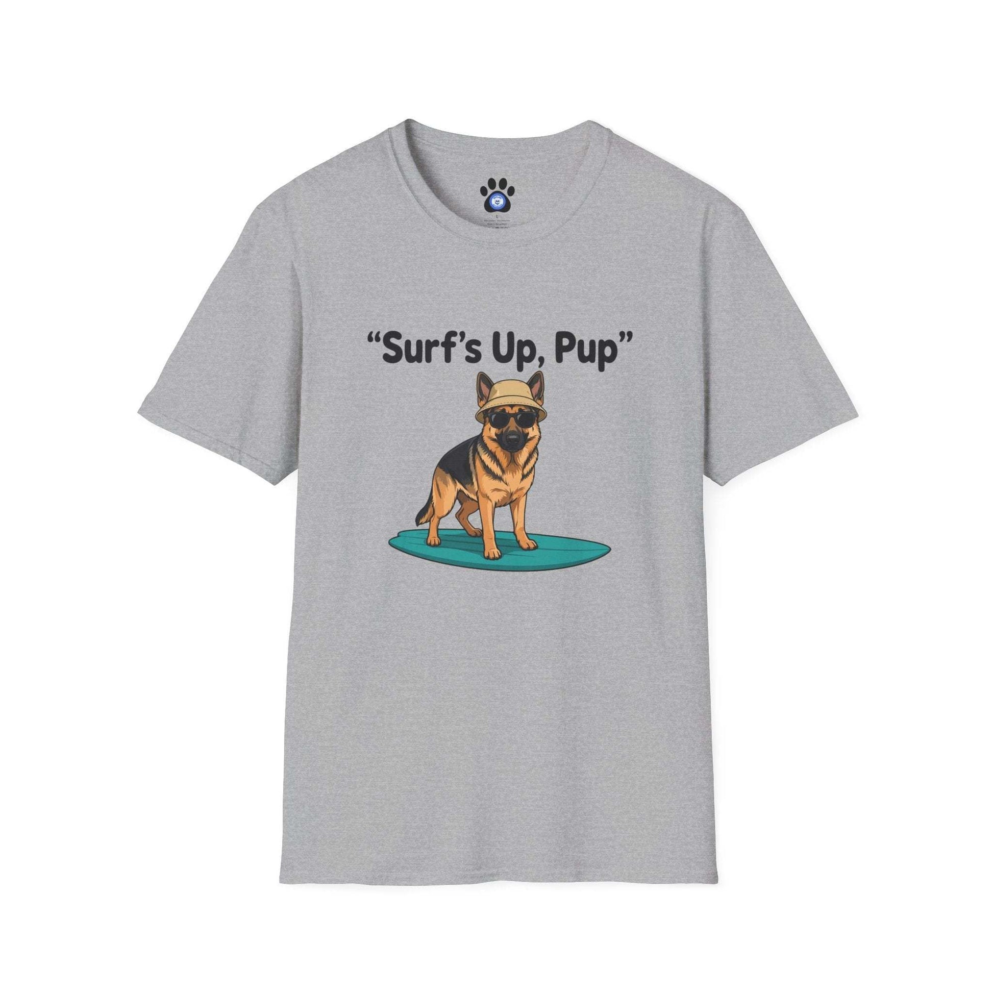 Unisex German Shepherd surfing t-shirt with playful surfboard graphic