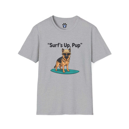 Unisex German Shepherd surfing t-shirt with playful surfboard graphic