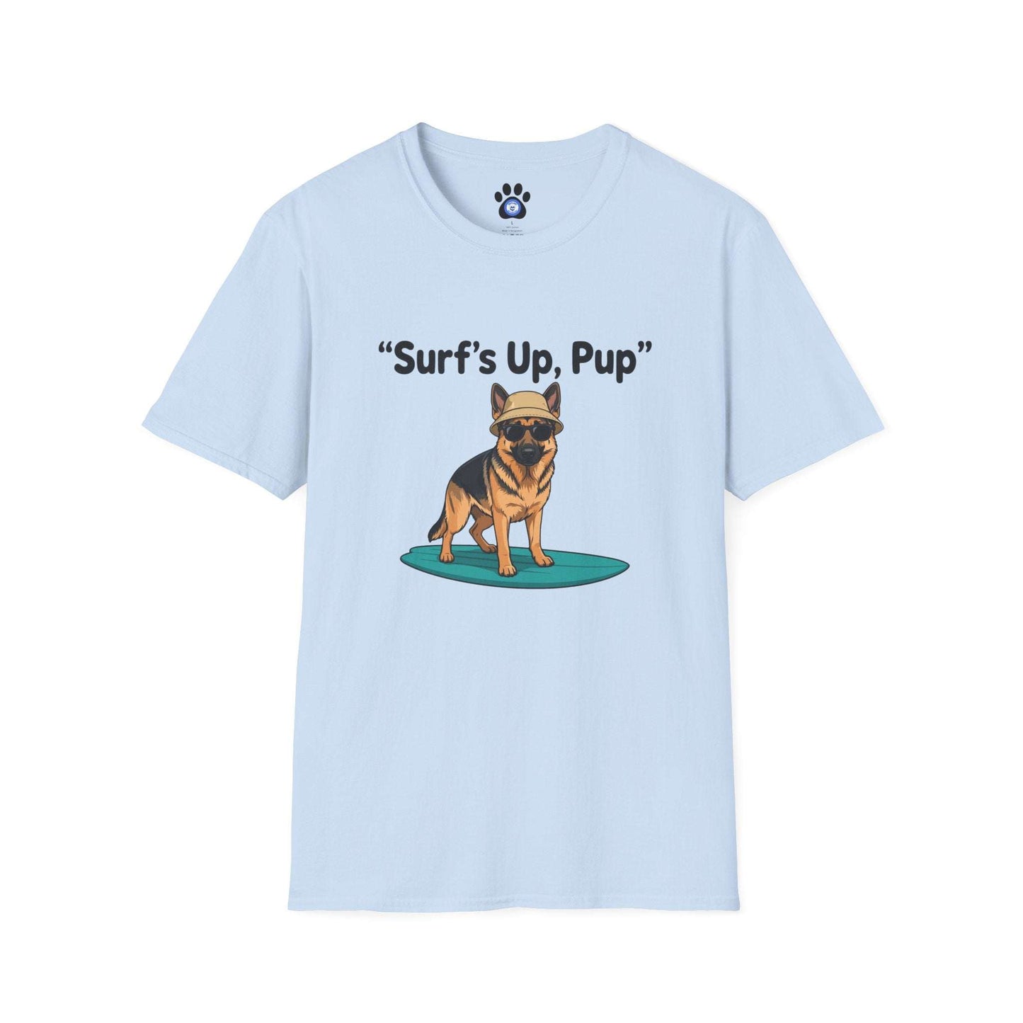 German Shepherd surfing t-shirt with hand-drawn pup on surfboard