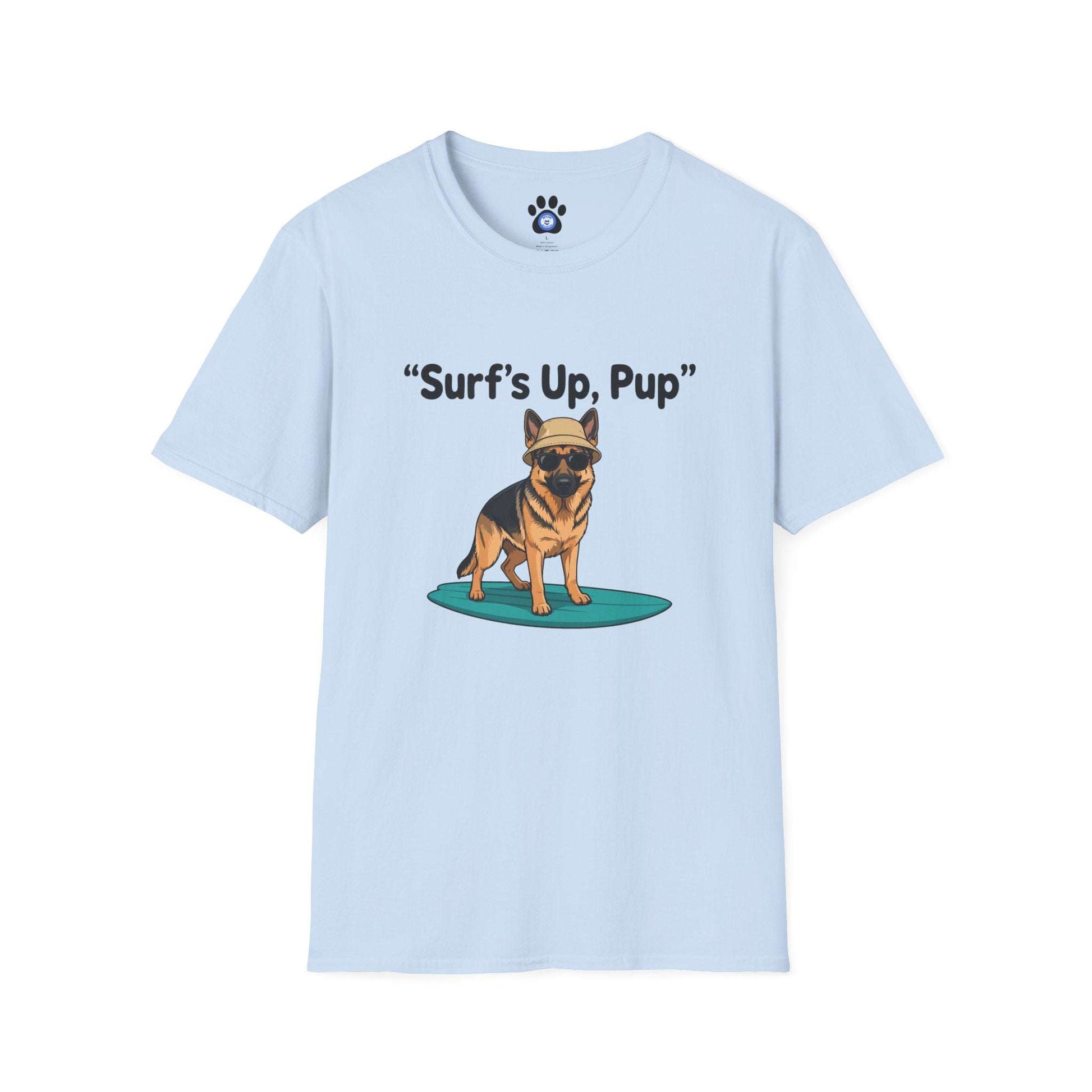 German Shepherd surfing t-shirt with hand-drawn pup on surfboard