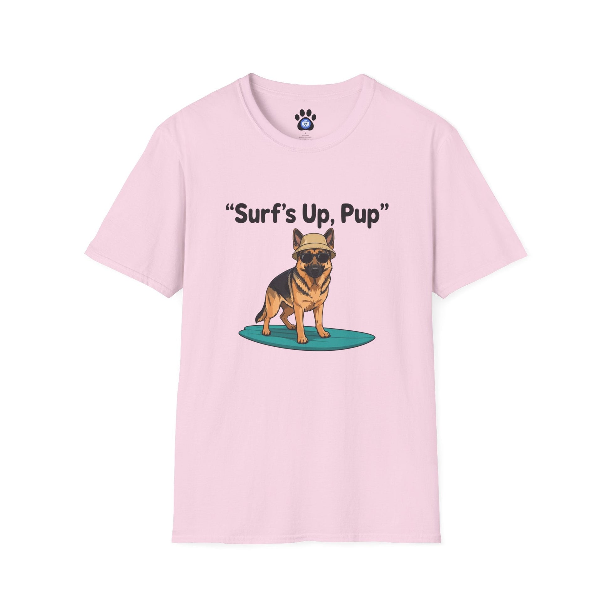 Unisex German Shepherd surfing t-shirt with playful graphic