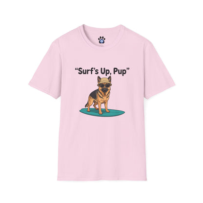 Unisex German Shepherd surfing t-shirt with playful graphic