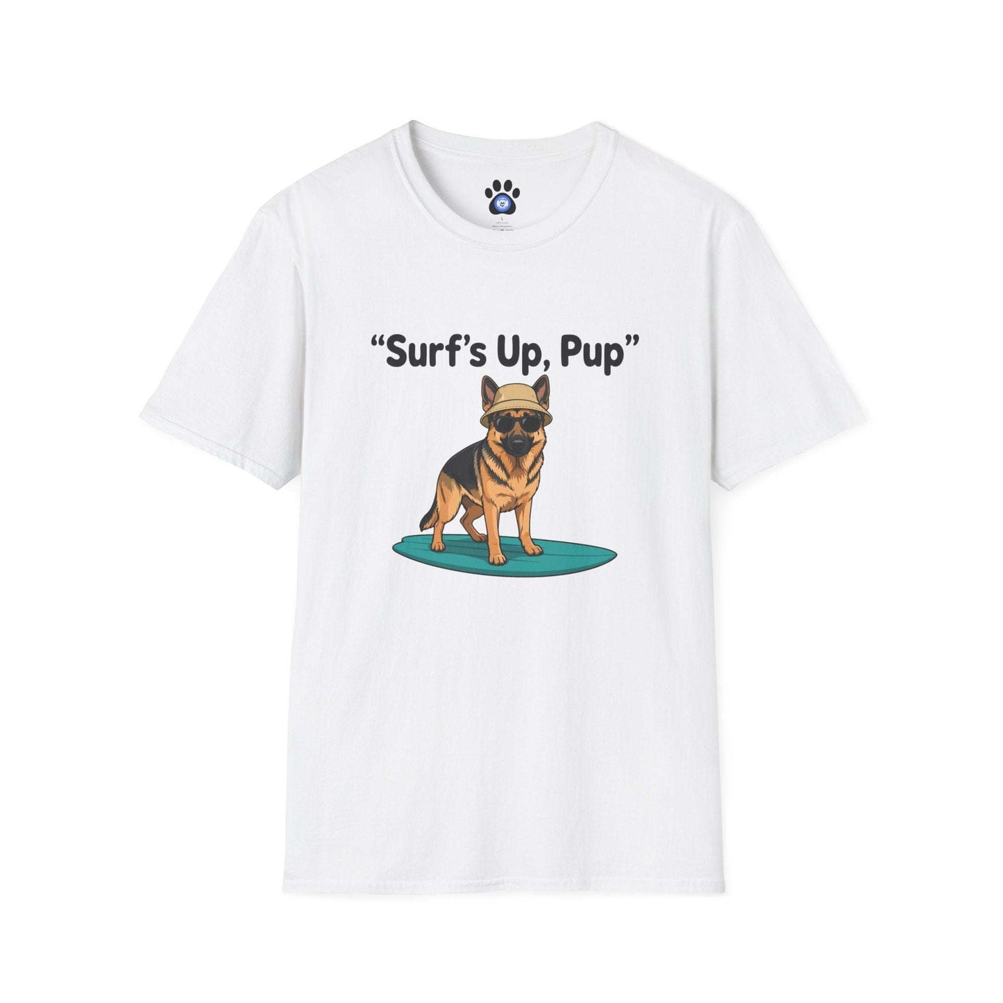 German Shepherd surfing t-shirt with hand-drawn happy pup on surfboard