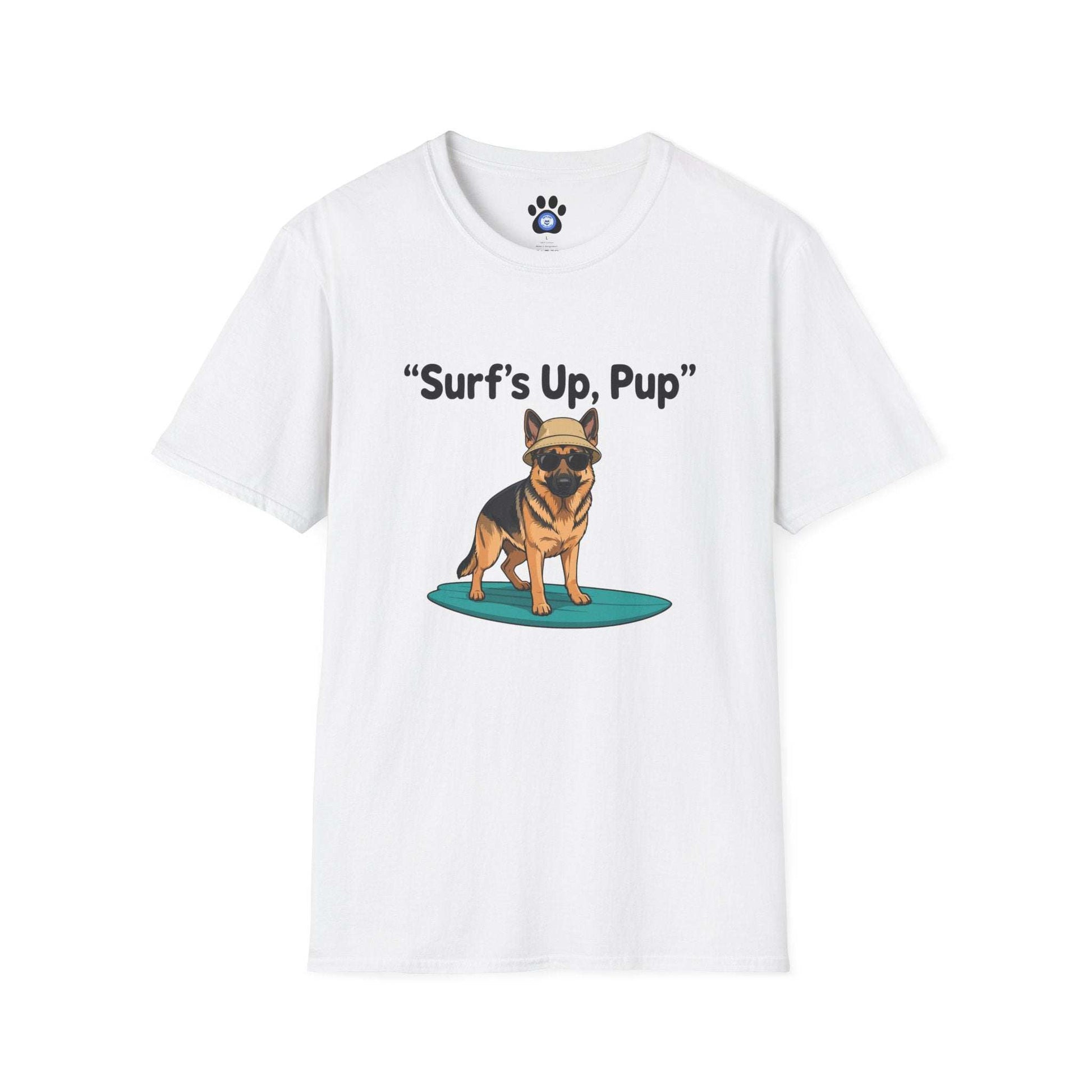 German Shepherd surfing t-shirt with hand-drawn happy pup on surfboard