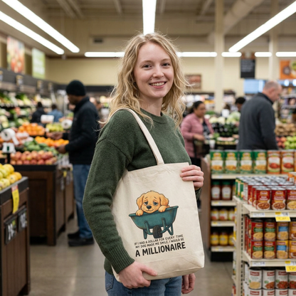Golden Retriever Fun Tote Bag in natural cotton canvas featuring a playful golden retriever puppy peeking from a wheelbarrow with text design