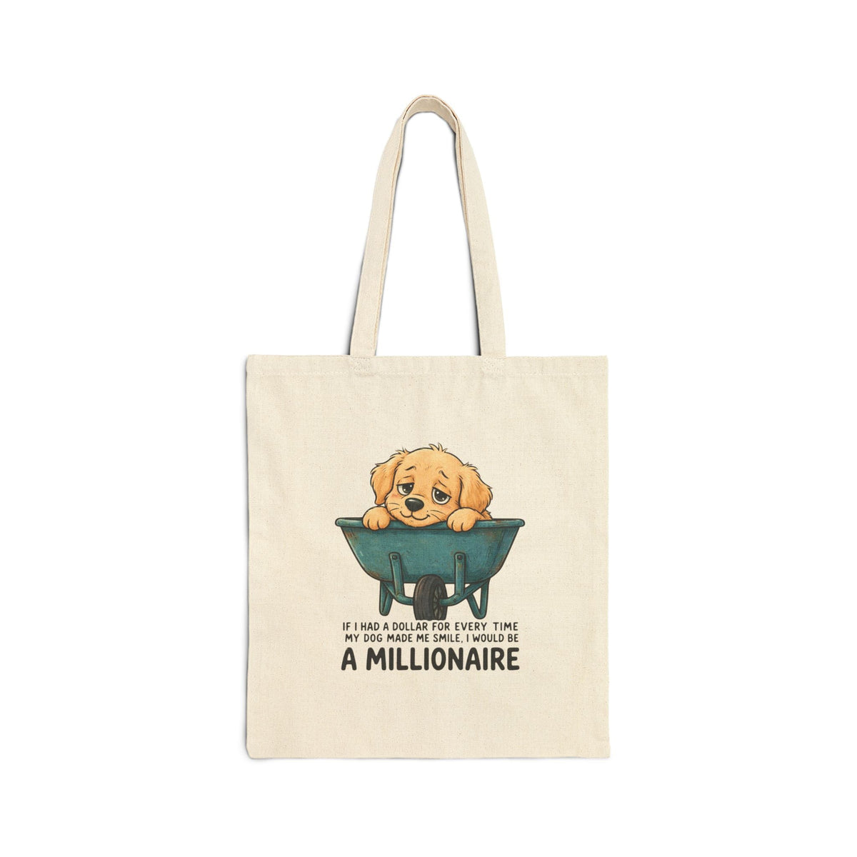 Golden Retriever Fun Tote Bag in natural cotton canvas featuring a playful golden retriever puppy illustration with text