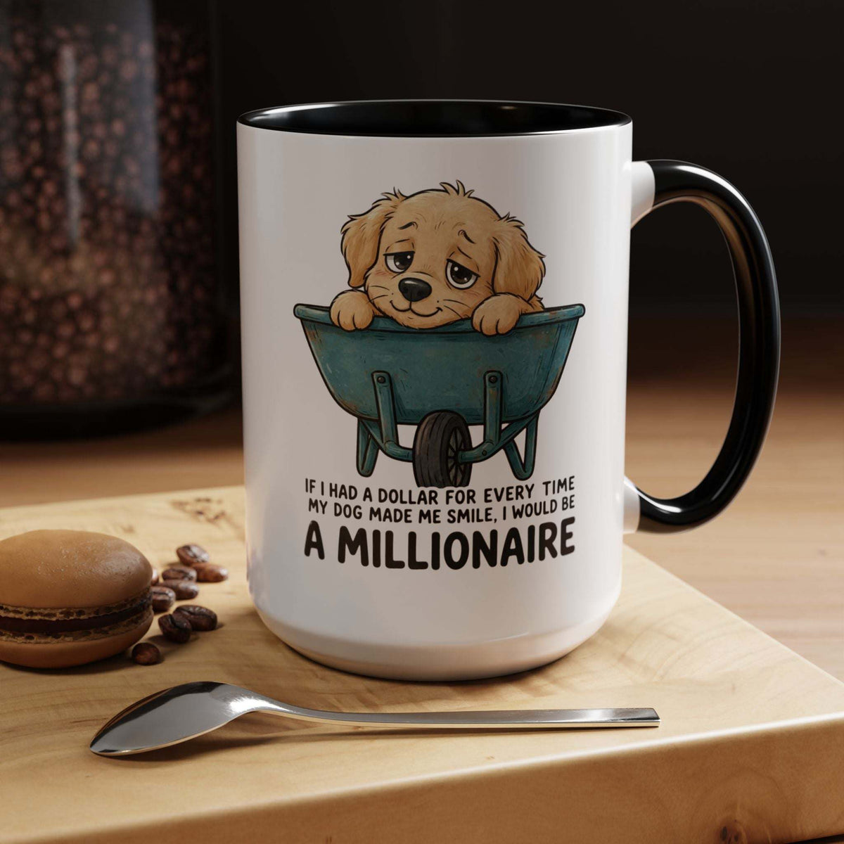 Golden Retriever Millionaire Mug with black handle and rim, white ceramic body featuring a golden retriever puppy in a wheelbarrow and a millionaire quote