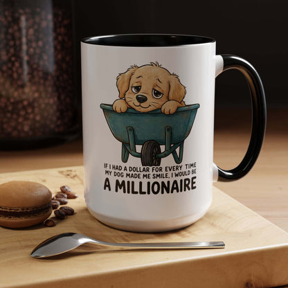 Golden Retriever Millionaire Mug with black handle and rim, white ceramic body featuring a golden retriever puppy in a wheelbarrow and a millionaire quote