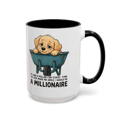 Golden Retriever Millionaire Mug ceramic coffee cup with a black handle and rim, featuring a cartoon golden retriever in a wheelbarrow and humorous text