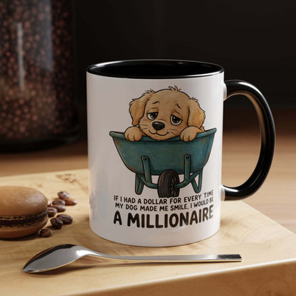 Golden Retriever Millionaire Mug white ceramic coffee cup with black handle and interior featuring a cute golden retriever puppy in a wheelbarrow and text about dog-made smiles
