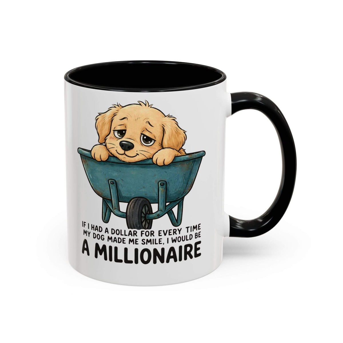Golden Retriever Millionaire Mug with a white ceramic body, black interior and handle, featuring a cartoon golden retriever puppy in a blue wheelbarrow and playful black text