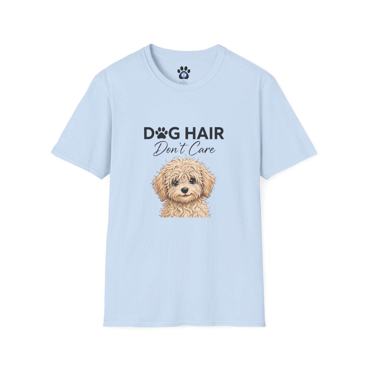 white goldendoodle dog hair don't care shirt with sketch dog graphic