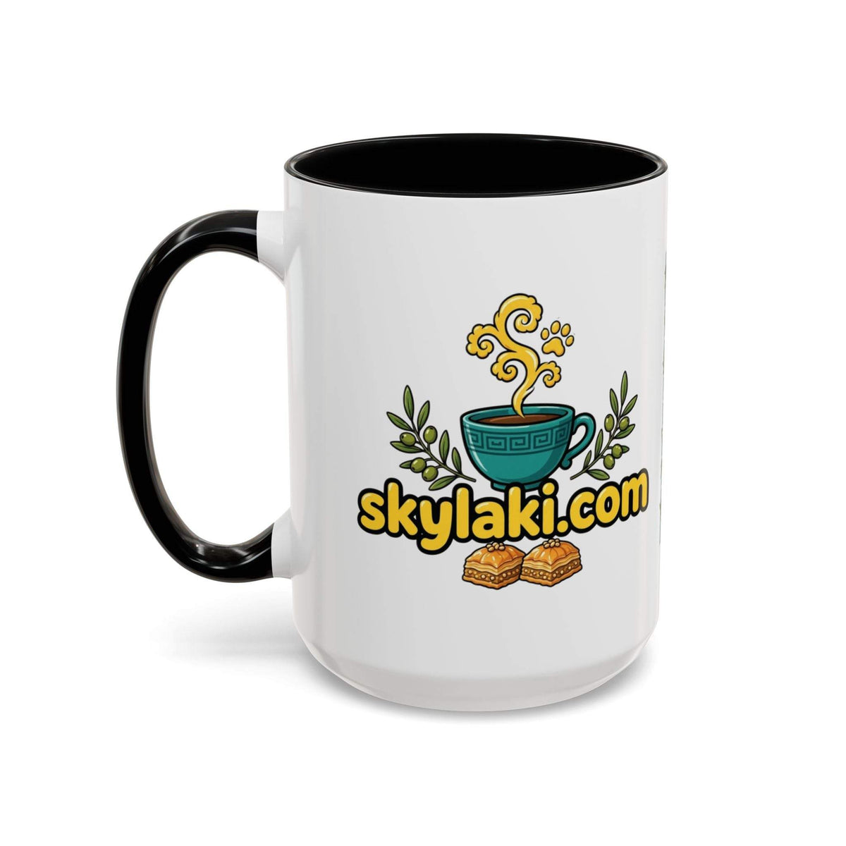 Greek Dog Coffee House ceramic mug with Skylaki design and colored handle