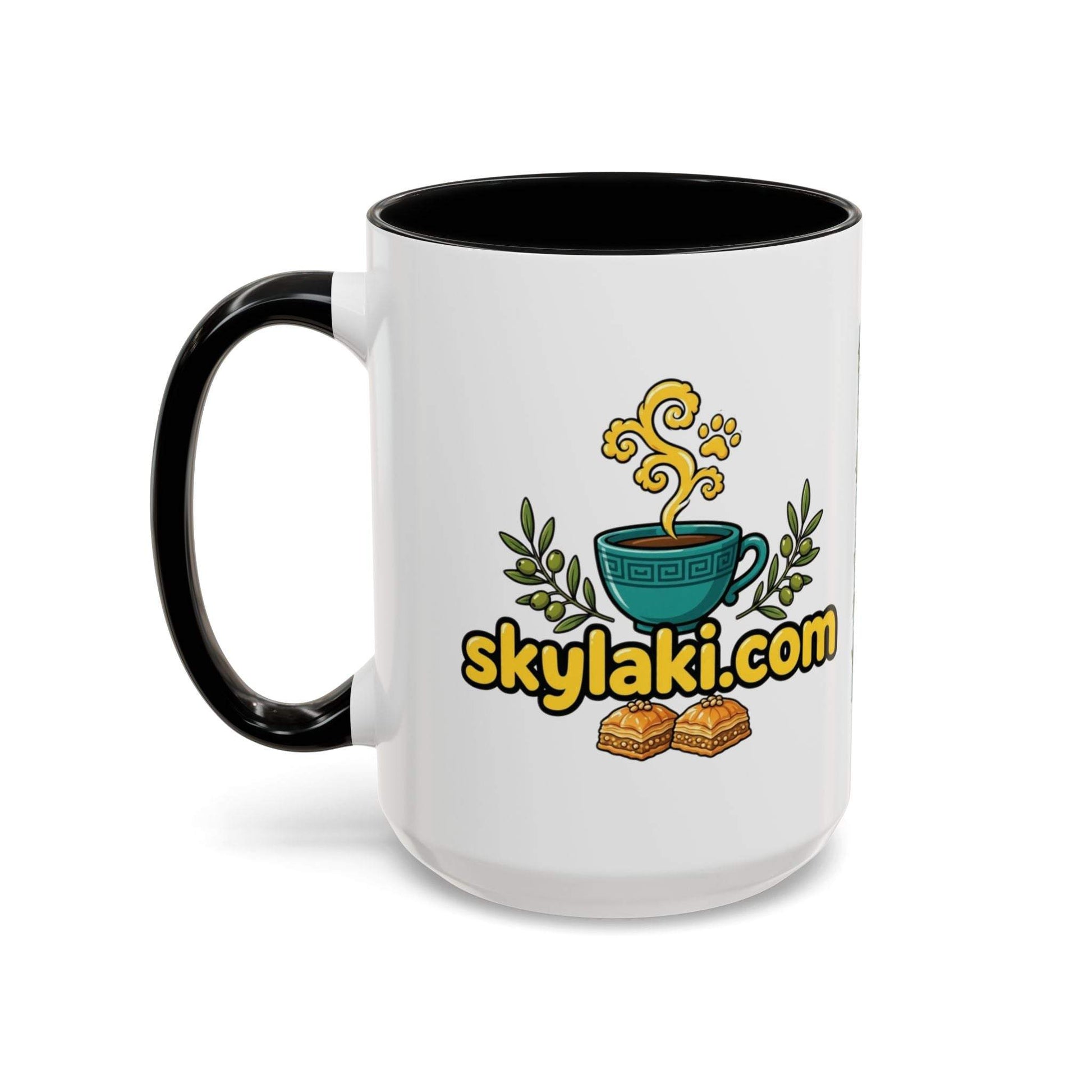Greek Dog Coffee House ceramic mug with Skylaki design and colored handle