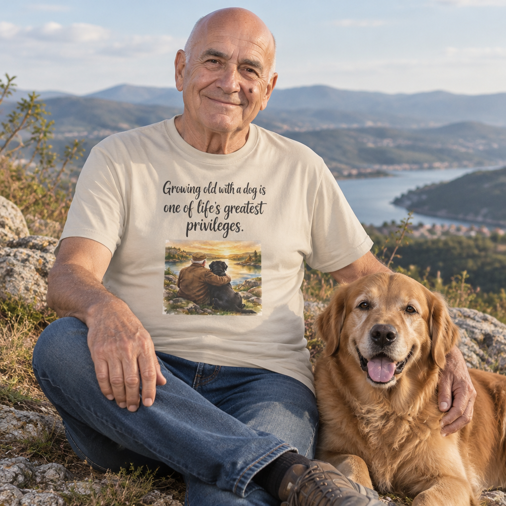 Growing Old with a Dog T-Shirt in beige cotton with a crew neck, featuring a sunset illustration and heartfelt printed message