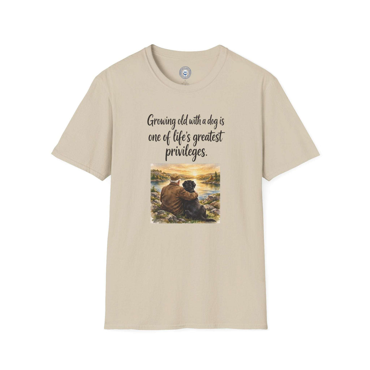 Growing Old with a Dog T-Shirt in light beige cotton, with script lettering and a sunset illustration of a person embracing a dog