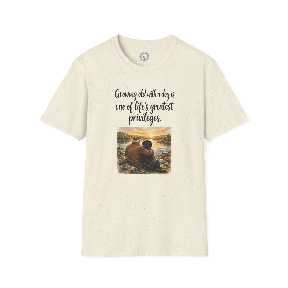 Growing Old with a Dog T-Shirt in cream cotton, with script lettering and a sunset illustration of a person cuddling a dog