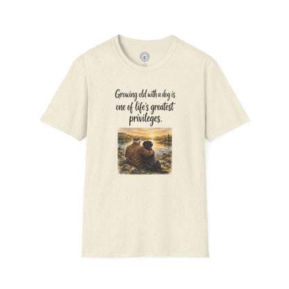 Growing Old with a Dog T-Shirt in cream cotton, with script lettering and a sunset illustration of a person cuddling a dog