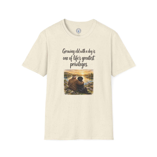 Growing Old with a Dog T-Shirt in cream cotton, with script lettering and a sunset illustration of a person cuddling a dog